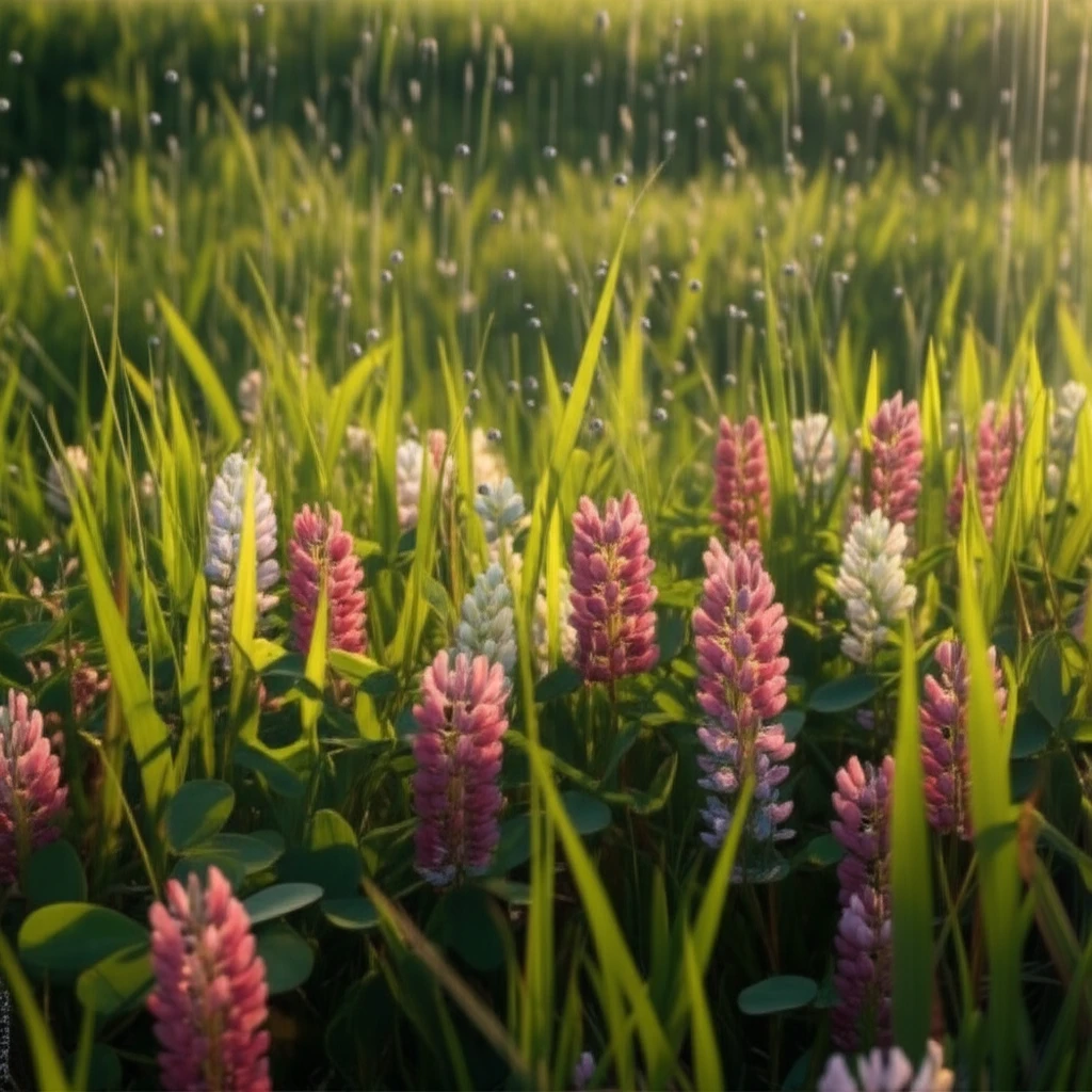 Lush meadow with balanced grasses and legumes, nourished by fertilizer.