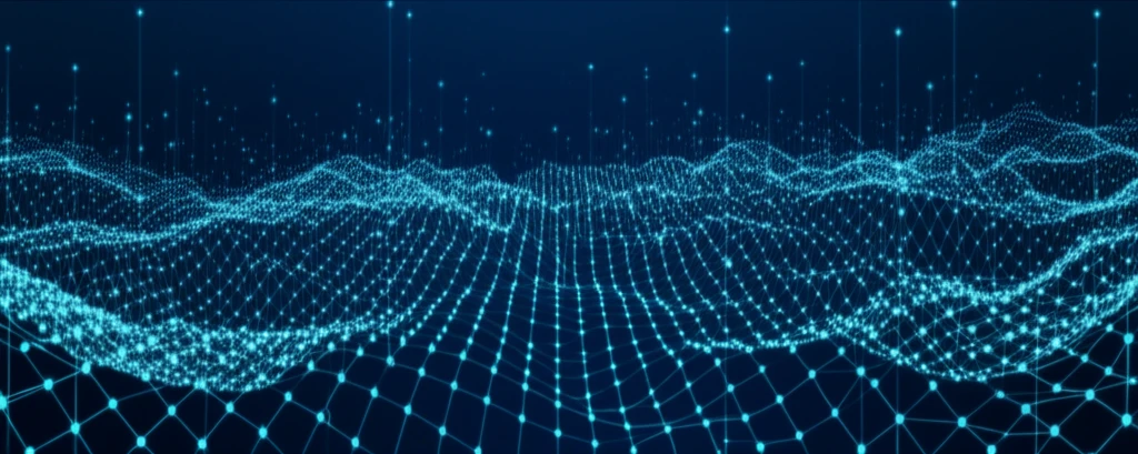 Interconnected nodes forming a vast network across a landscape, symbolizing spatial relationships and the balance between local clusters and long-range connections.
