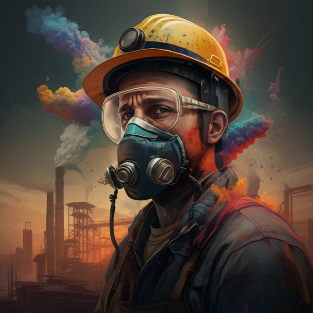 Illustration of a worker in a polluted industrial environment.
