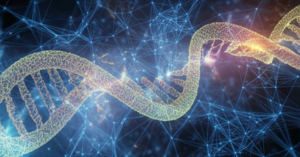 Intertwined RNA and protein strands glowing with energy, symbolizing RNA-protein interactions.