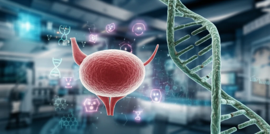 Microscopic view of bladder cancer cells with DNA strands and biomarker symbols.