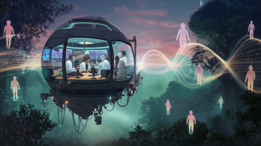 Futuristic podcast studio floating above the Amazon rainforest, symbolizing science communication podcasting.