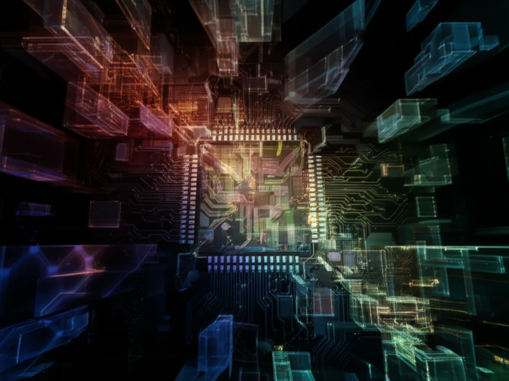 Glowing circuit board with crystalline structures representing semiconductor band alignment.
