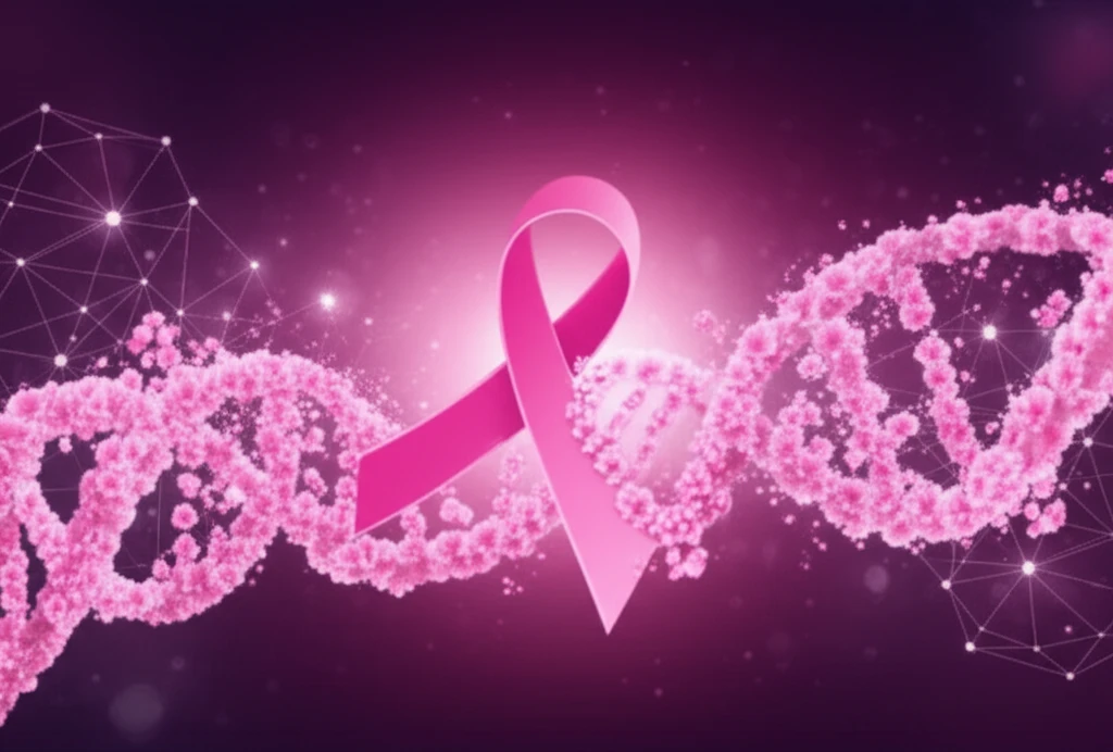 A digital illustration of a double helix intertwined with a pink ribbon, symbolizing genetic connections to breast cancer awareness.