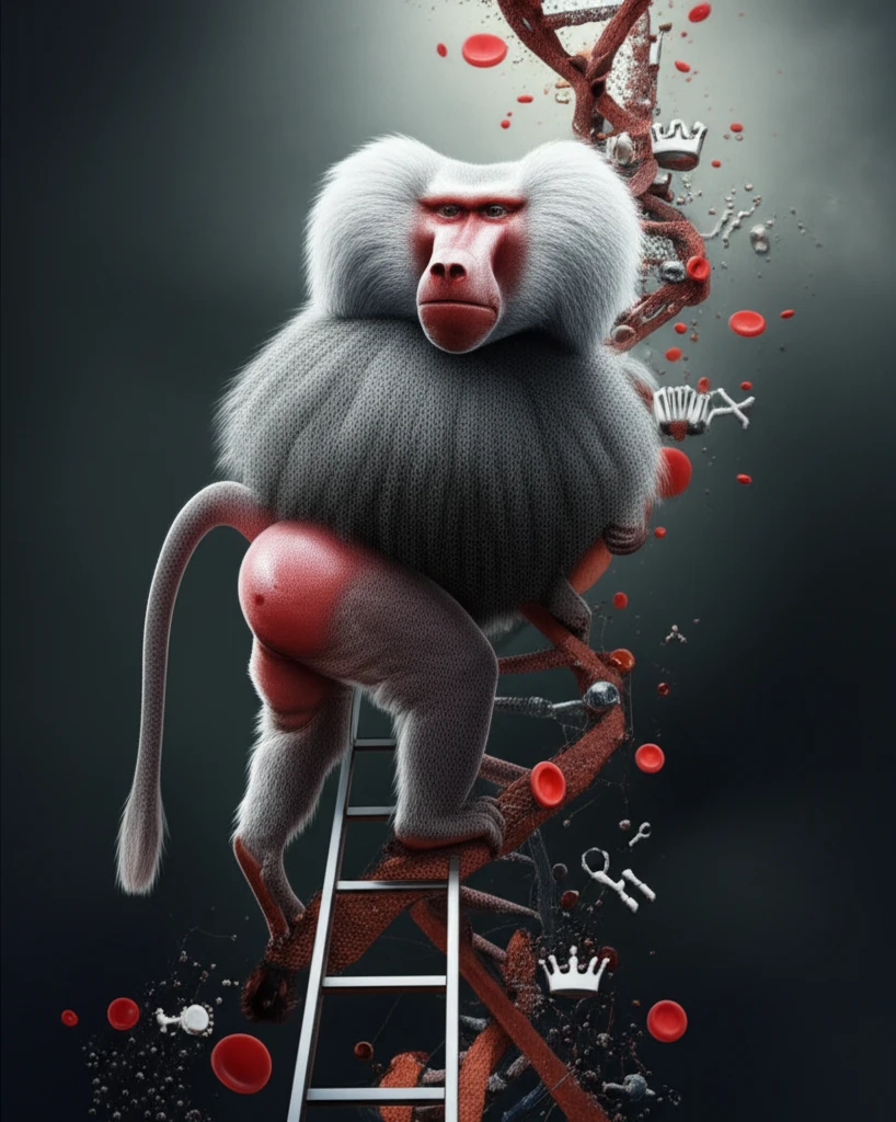 Baboon climbing a DNA ladder representing social status and genetics