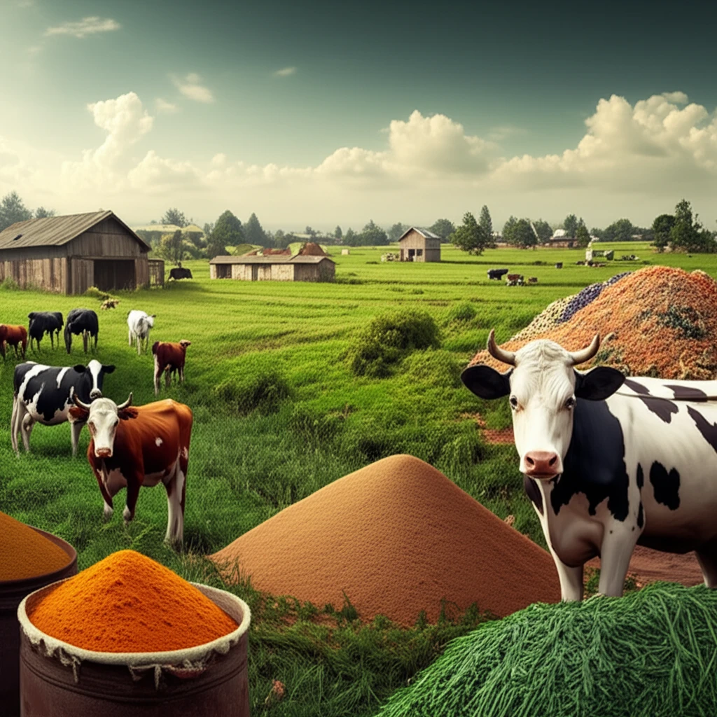 Surreal illustration of dairy farming in Jimma, Ethiopia, highlighting innovative feed resources and coping strategies.
