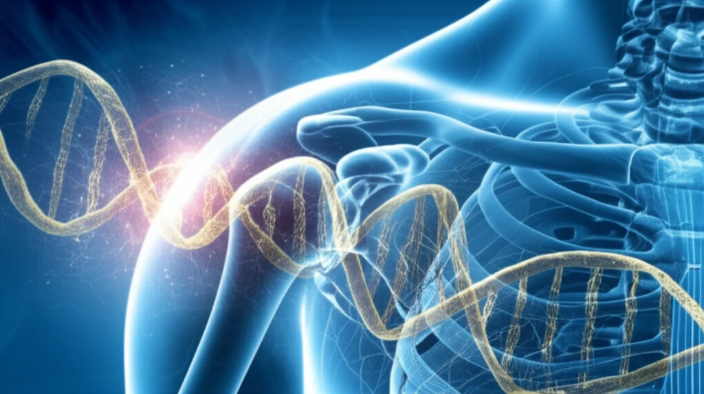 Surreal illustration of a frozen shoulder joint interwoven with RNA strands, symbolizing genetic analysis and new treatment pathways.