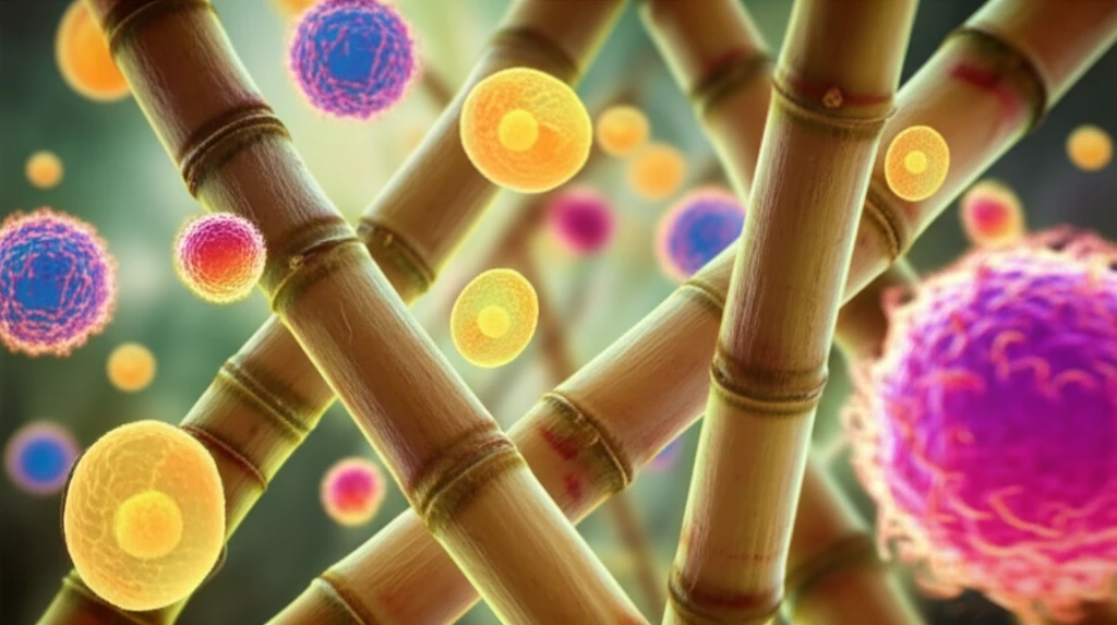 Sugar cane stalks intertwined with glowing immune cells, representing enhanced immunity.