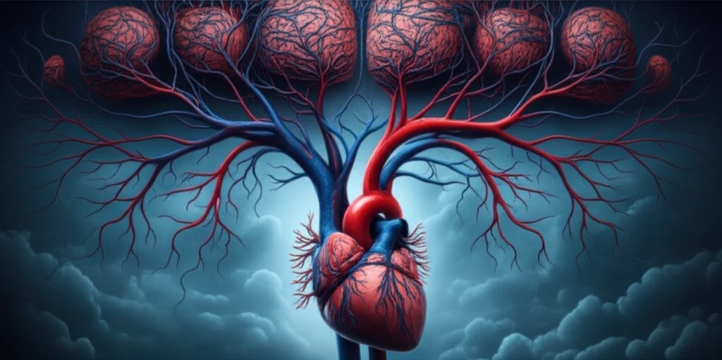 Surreal image of heart arteries transforming into brain neural pathways, symbolizing heart-brain connection in stroke risk.