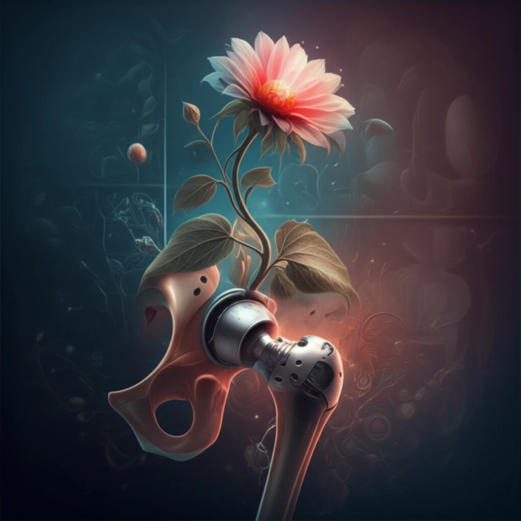 Blooming flower emerging from a surgically repaired hip joint, symbolizing healing and renewed mobility after hip dysplasia surgery.