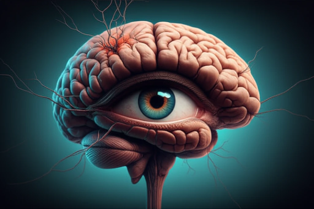 Stylized brain with eye overlay, showing glaucoma's impact.