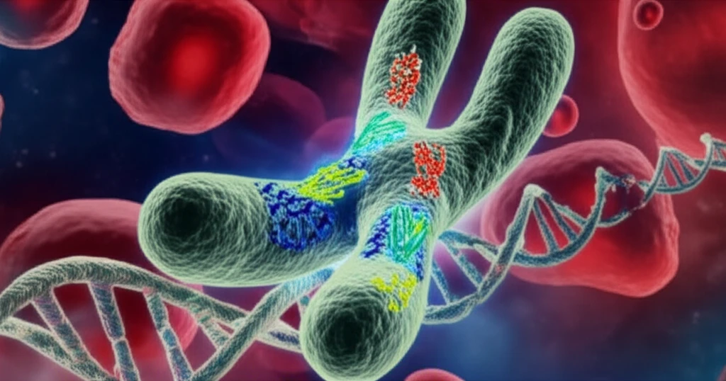 Abstract illustration of chromosome 10 and leukemia cells.