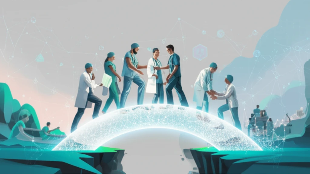 Healthcare professionals collaboratively building a bridge of light, symbolizing trust.