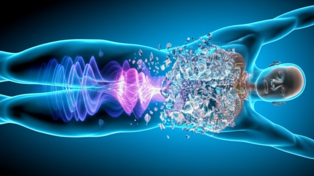 Sound waves breaking up a crystal formation inside the body during lithotripsy.