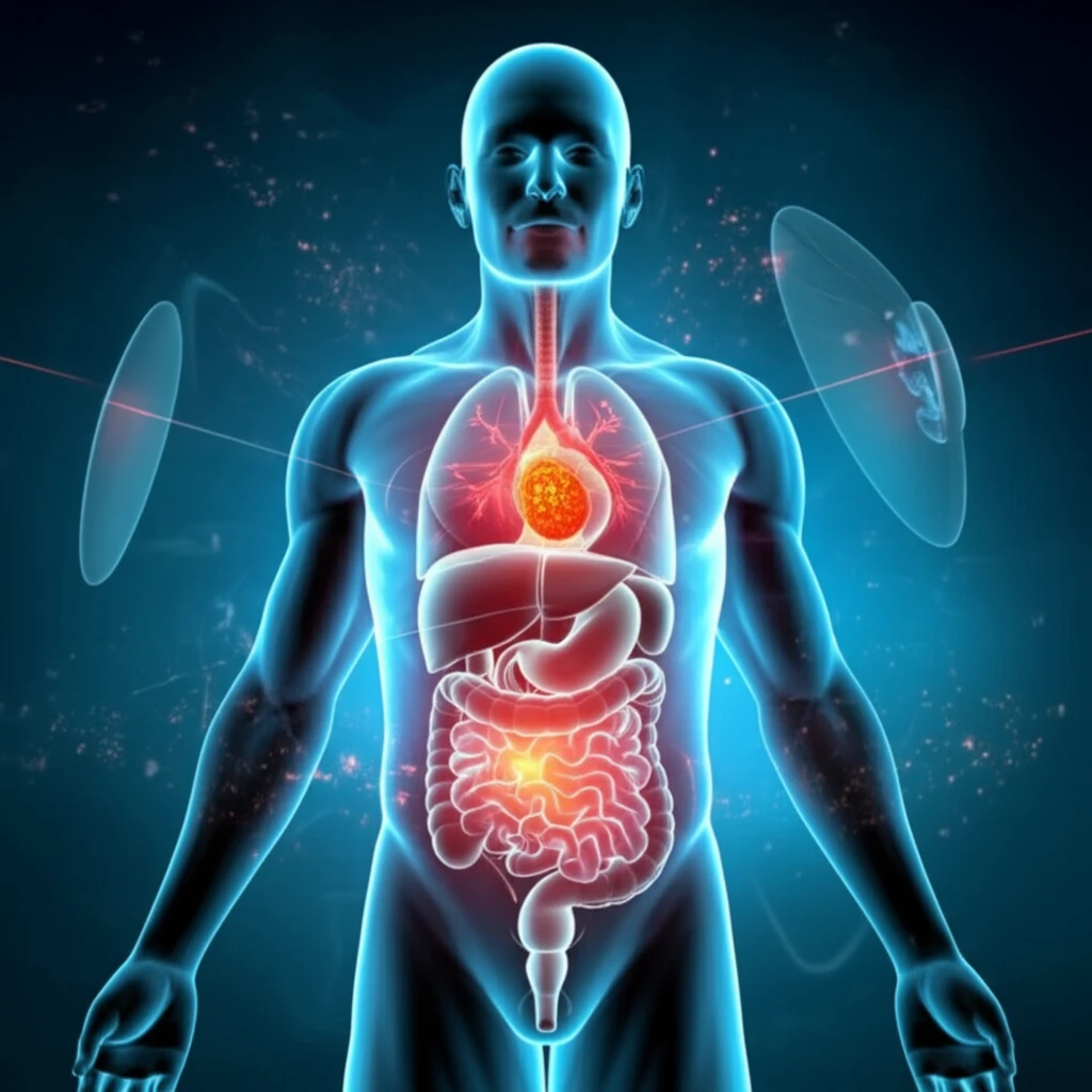 Illustration of precision radiation therapy targeting a tumor.