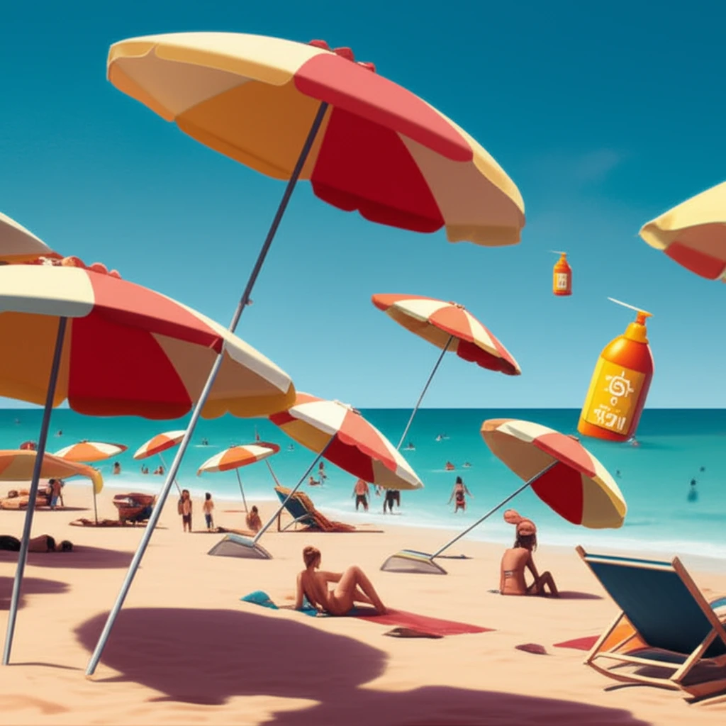 Sun-drenched beach with giant umbrellas and sunscreen dispensers, promoting sun safety.
