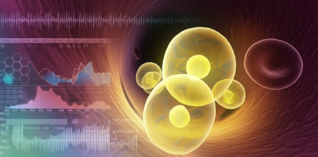 Illustration of activated neutrophils releasing vacuoles in a blood vessel, with hematology analyzer data in the background.