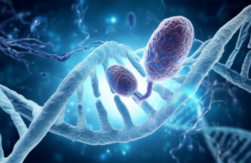 DNA strands intertwining with prostate cancer cells, illuminated by advanced imaging technology