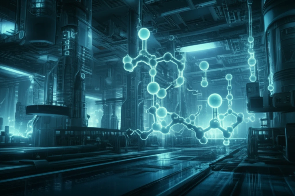 Surreal illustration of yeast cells in a futuristic chemical plant producing chiral molecules.