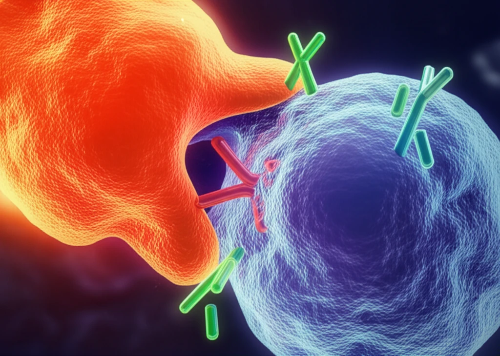 Macrophage engulfing cancer cell, CD47-SIRPa interaction blocked.