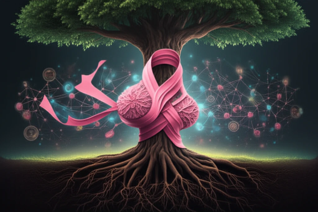 Breast cancer ribbon transforming into a tree trunk, symbolizing survival and resilience in Stage IV breast cancer treatment.