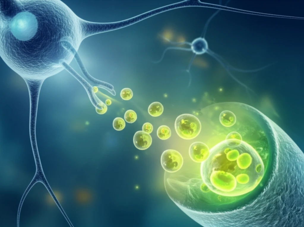 Neuron with glowing acidic organelles releasing calcium ions.