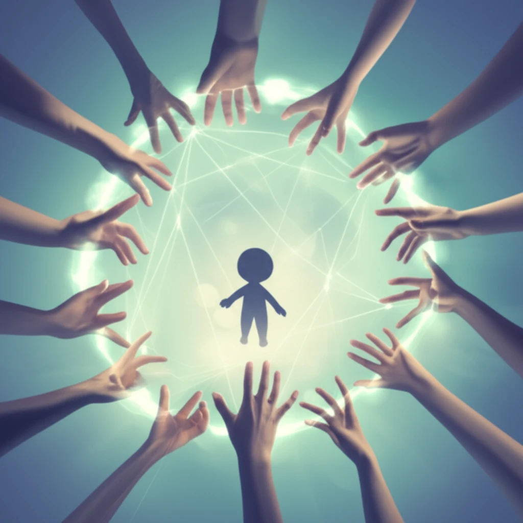 Interconnected hands protect a child, symbolizing collaboration in child protection.