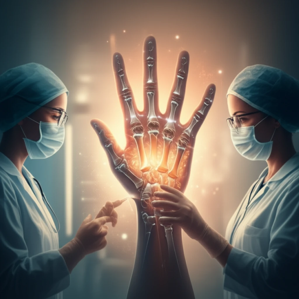 A collaborative team of medical professionals restoring hand function for a patient with rheumatoid arthritis, symbolizing hope and healing.