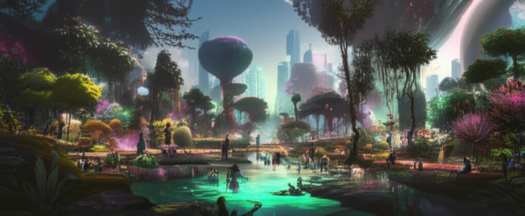 Diverse visitors enjoying a vibrant urban park with a central glowing lake.