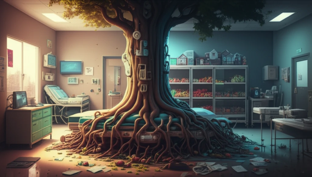 Illustration of a hospital emergency room connected to the community, representing the social determinants of health.