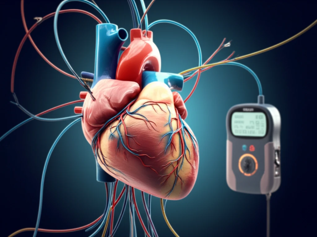 Surreal illustration of a heart with tangled wires and a defibrillator, symbolizing atrial fibrillation and heart failure.