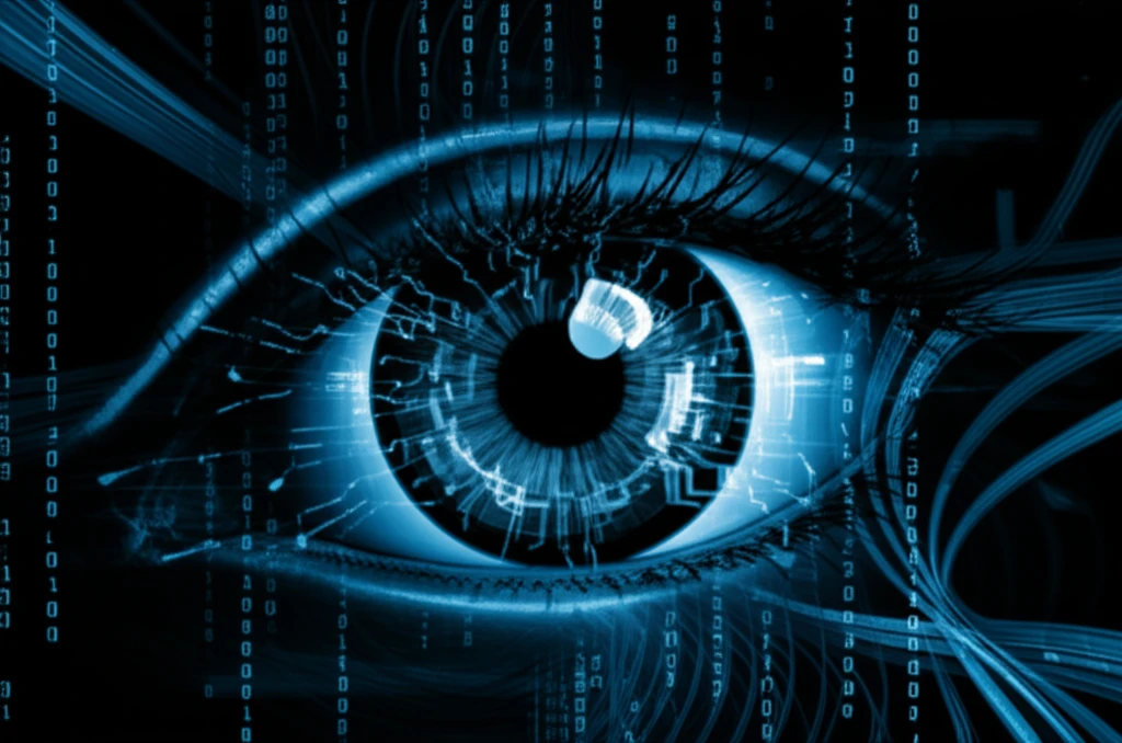Futuristic eye with glowing iris patterns representing iris recognition technology.
