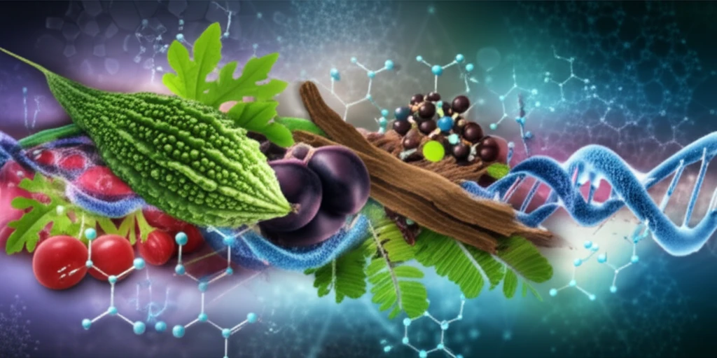 Surreal illustration of herbs, DNA, and glucose representing a natural approach to health.