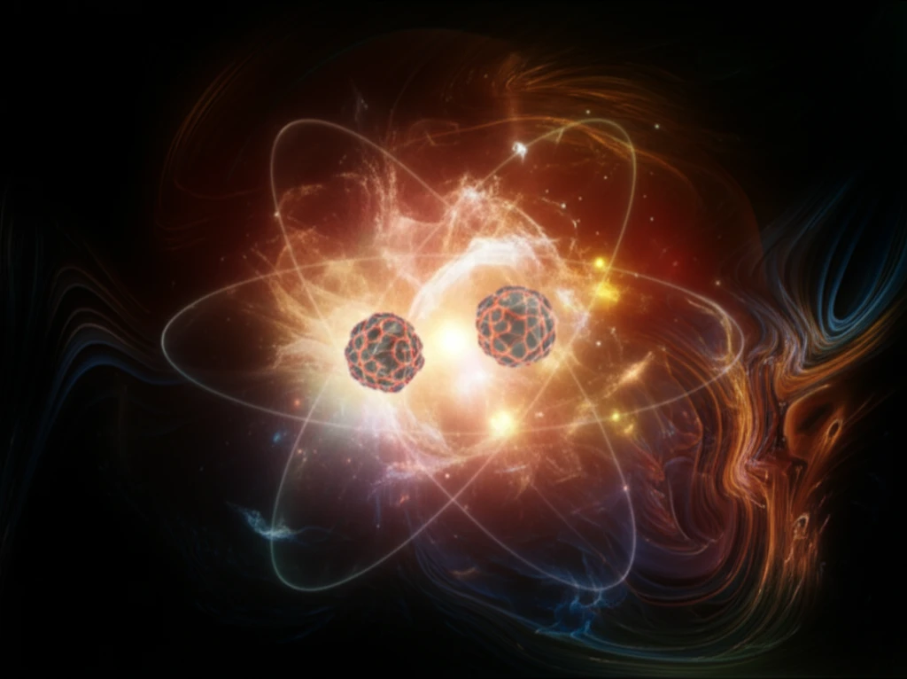 Surreal illustration of colliding protons within an atomic nucleus.