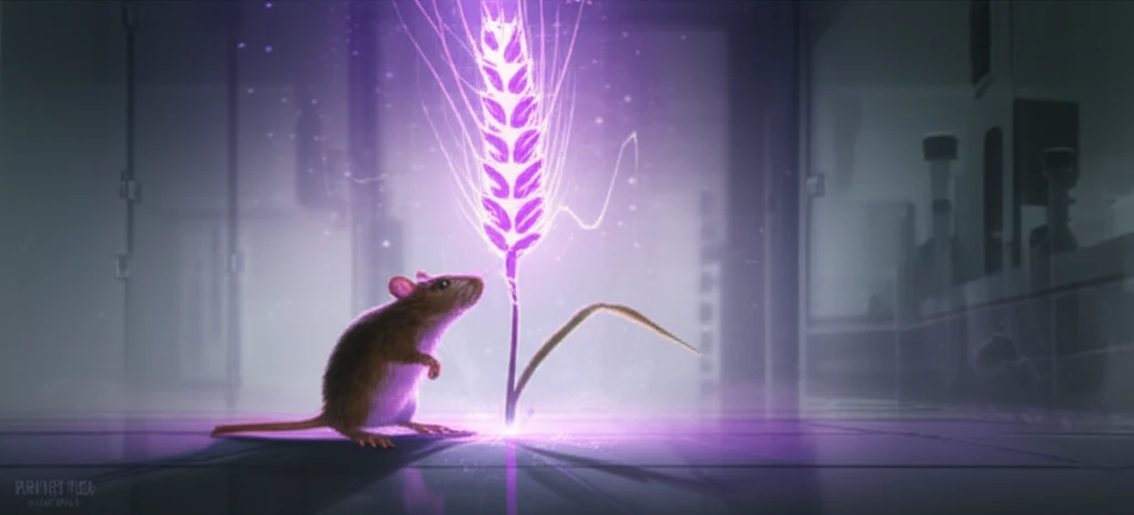 Rat encountering a glowing purple wheat stalk, symbolizing anthocyanin research.