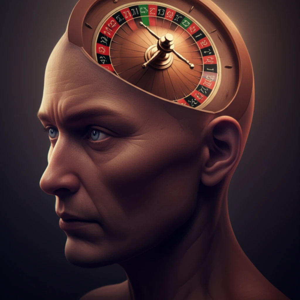Surreal illustration of a head with a roulette wheel inside, representing gambling fallacies.