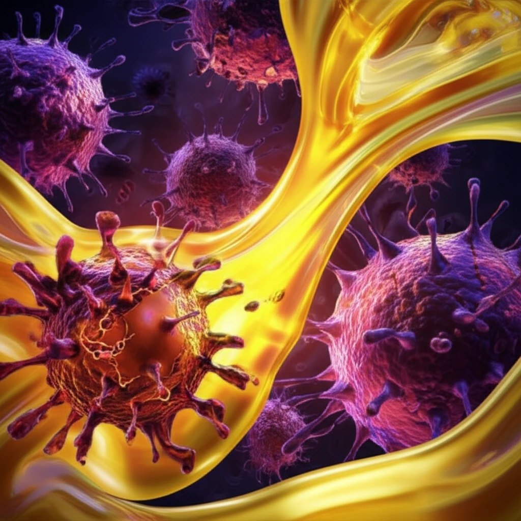 Microscopic view of cancer cells being neutralized by antibiotic fluid.