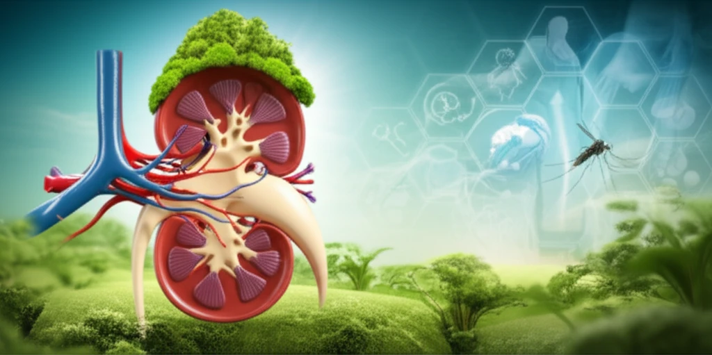 Surreal illustration of a healthy kidney in a vibrant environment, symbolizing kidney health and research advancements.