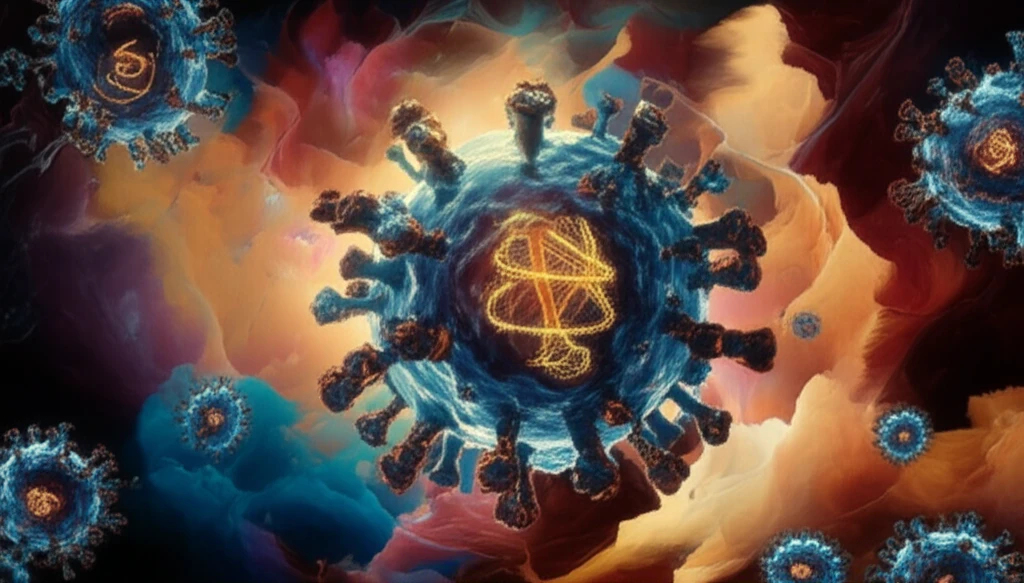 Surreal illustration of a rhinovirus particle with DNA strands.