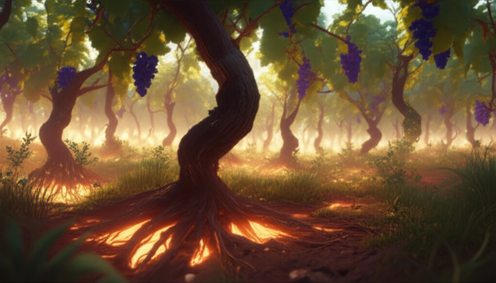 Surreal illustration of phytoremediation in a vineyard with native grasses.