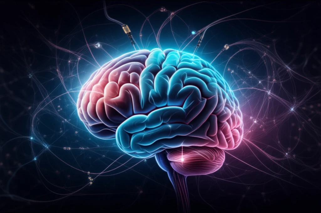 Surreal illustration of deep brain stimulation electrodes for chronic pain relief.