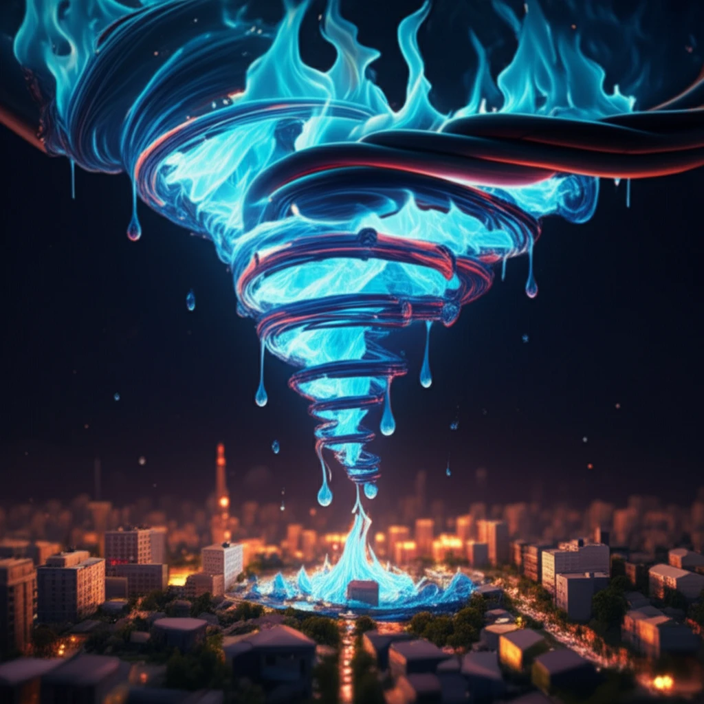 Burning plastic drips igniting a miniature city.