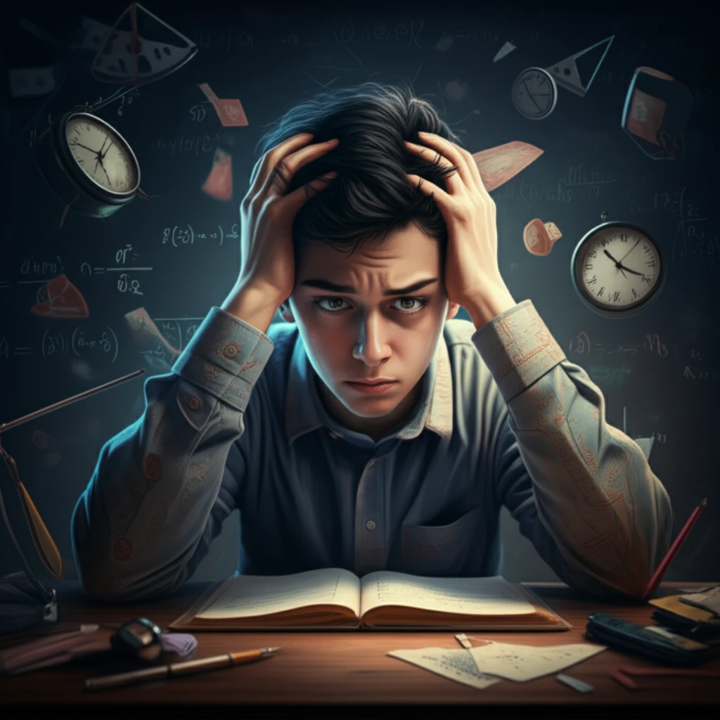 Frustrated student overwhelmed by physics equations, depicting the emotional challenges of learning.