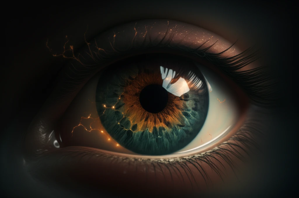 Surreal eye illustration emphasizing nerve fibers and macula.