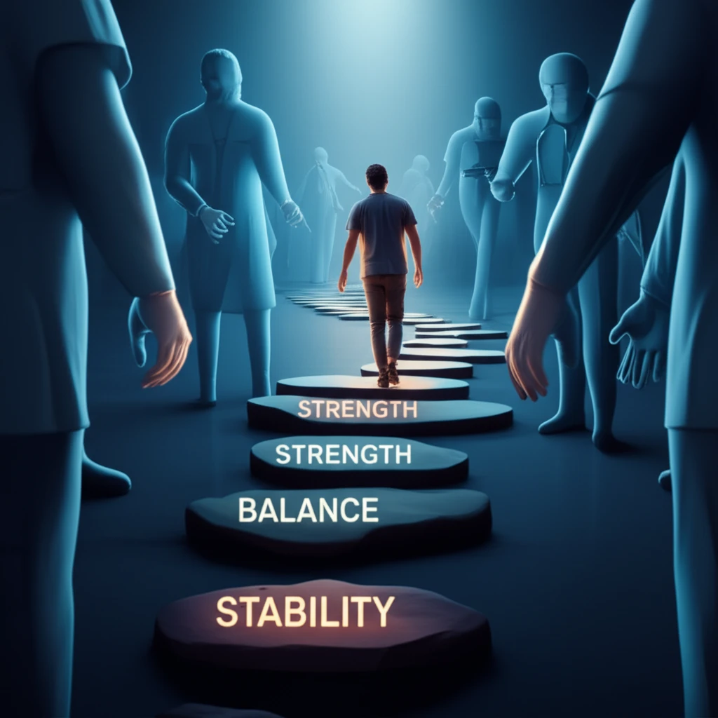 Person confidently walking a path of recovery, supported by strength and medical team.
