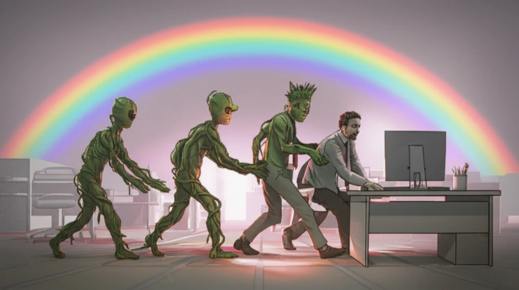 An employee is being helped by human-like plants with a rainbow background.