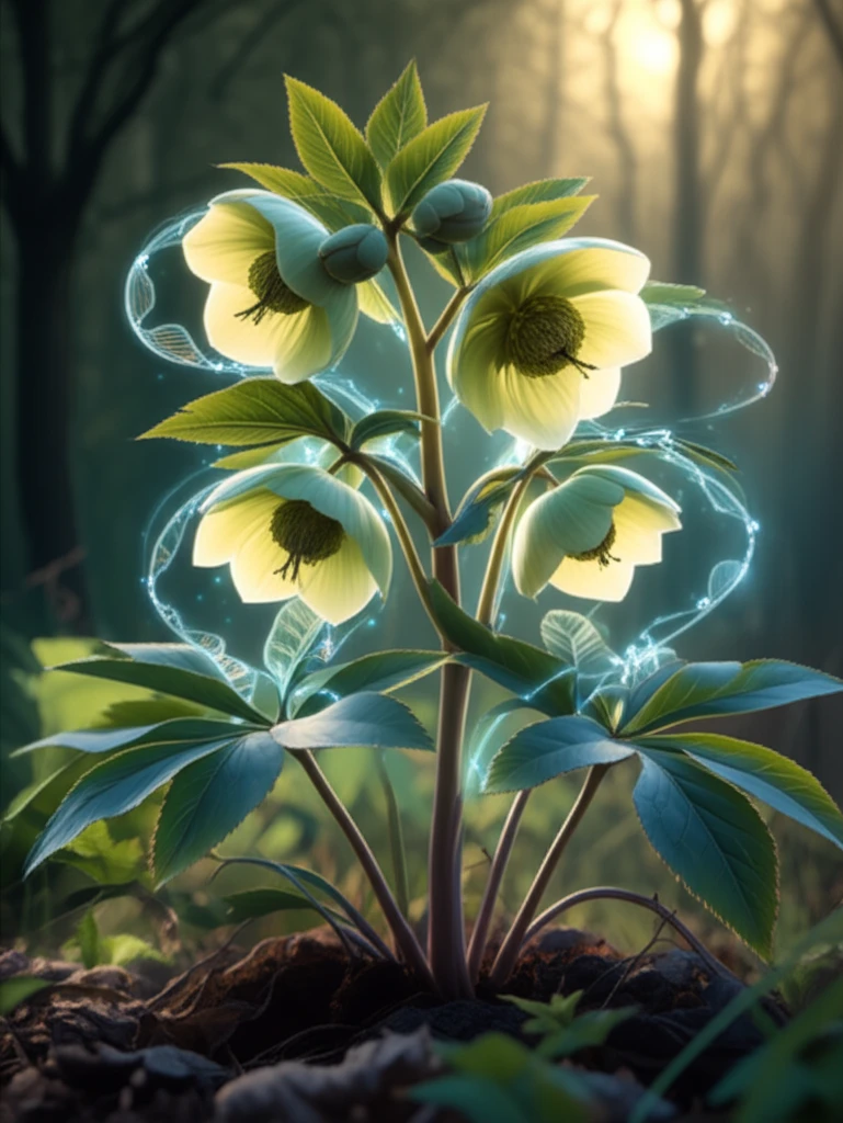 Illustration showing glowing DNA methylation trails connecting a Helleborus foetidus plant to its pollen.