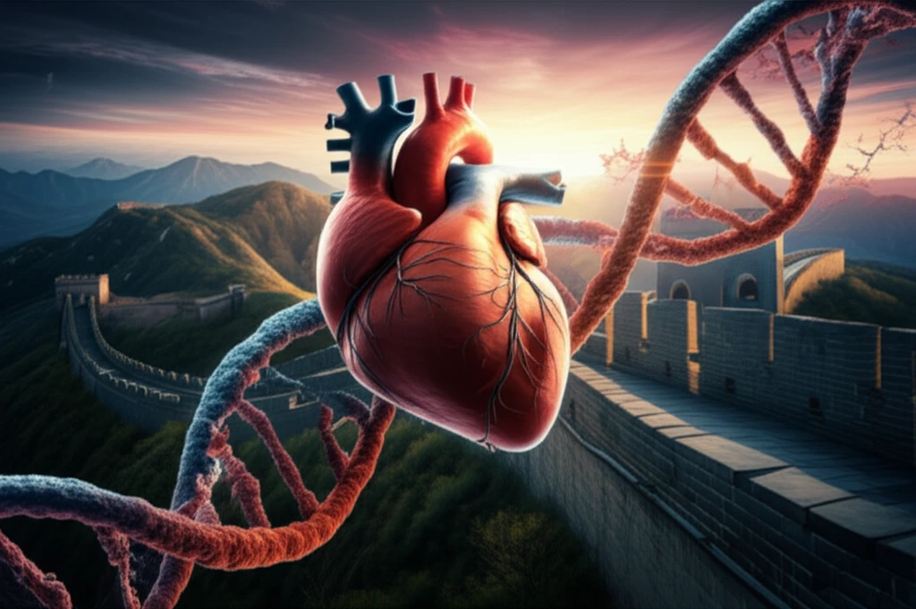 DNA strand intertwined with heart and Great Wall of China, symbolizing genetic link to heart health.