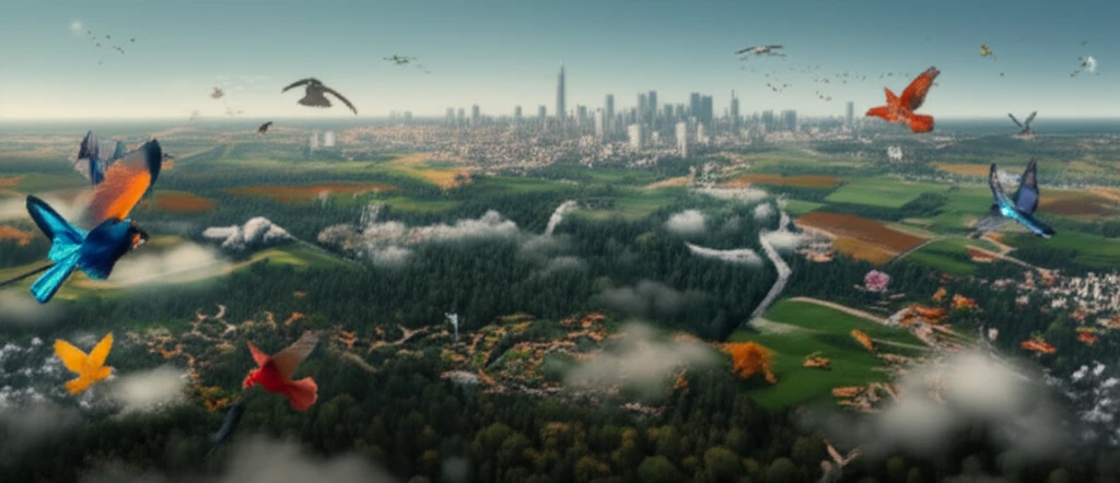 A surreal illustration of a fragmented forest landscape with birds, cities, and fields.