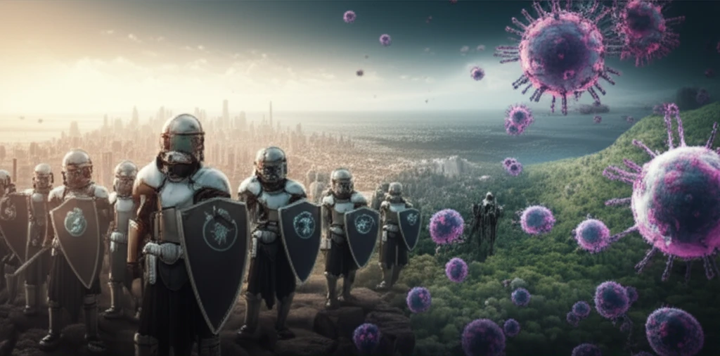 Illustration of natural killer cells with and without shields, representing different immune responses to cytomegalovirus (CMV).